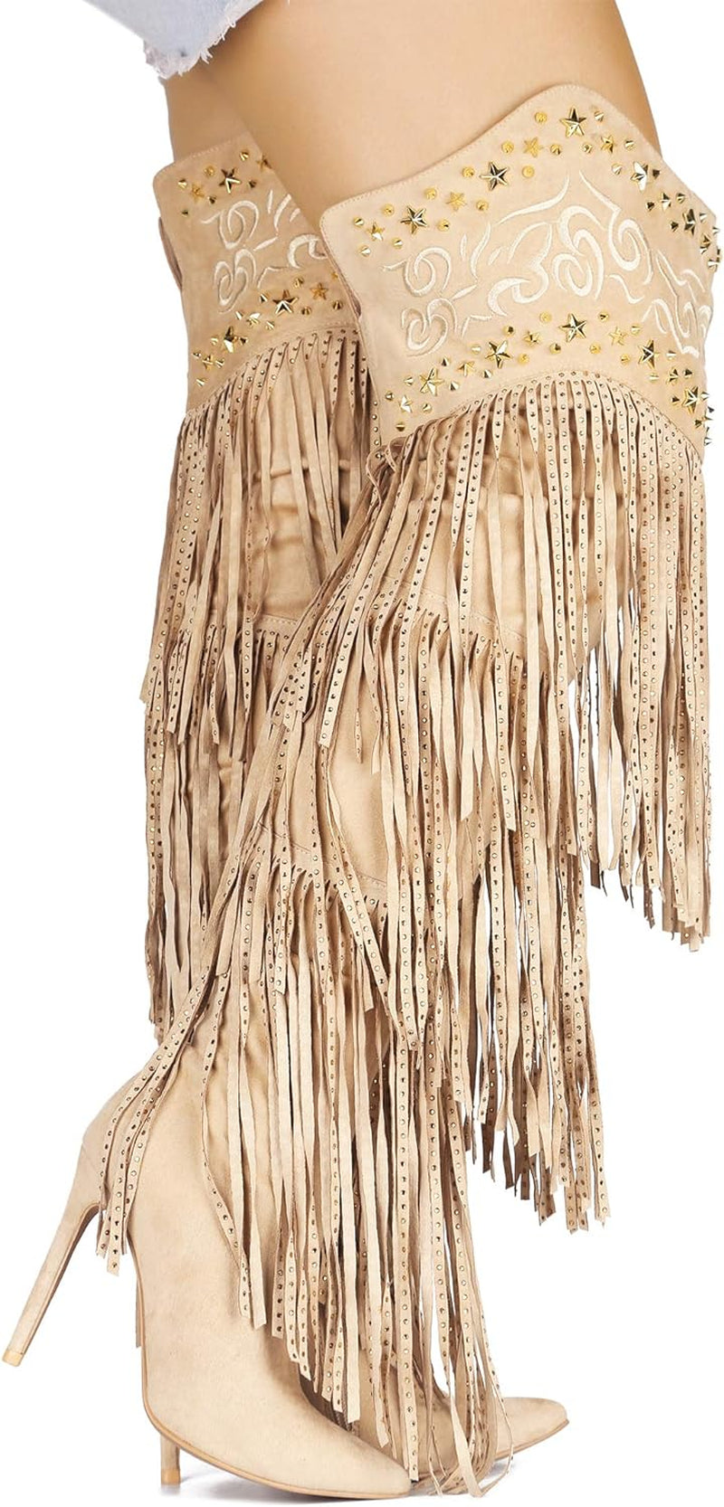 High Tide Over-the-Knee Cowboy Boots for Women - Stylish Fringe Design in Nude Size 7