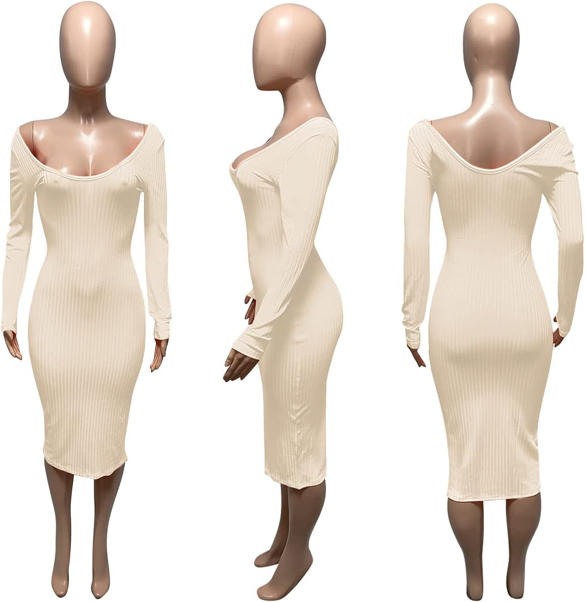 Women'S Long Sleeve Ribbed Knit Casual Bodycon Mini Dress Fall Pullover Sweater Dresses Beige