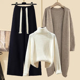 Idle Style Three-piece Set Thick Turtleneck Sweater Wide Leg Pants Wear Long Cardigan Jacket Slimming - shopluxelook.store