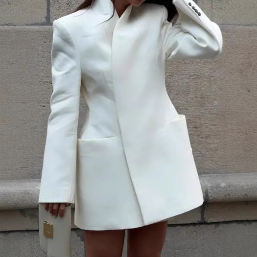 White Elegant Padded Shoulder Suit Jacket Women&