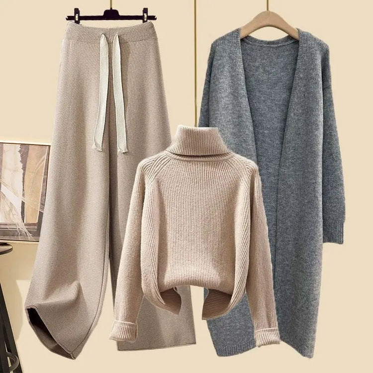 Idle Style Three-piece Set Thick Turtleneck Sweater Wide Leg Pants Wear Long Cardigan Jacket Slimming - shopluxelook.store