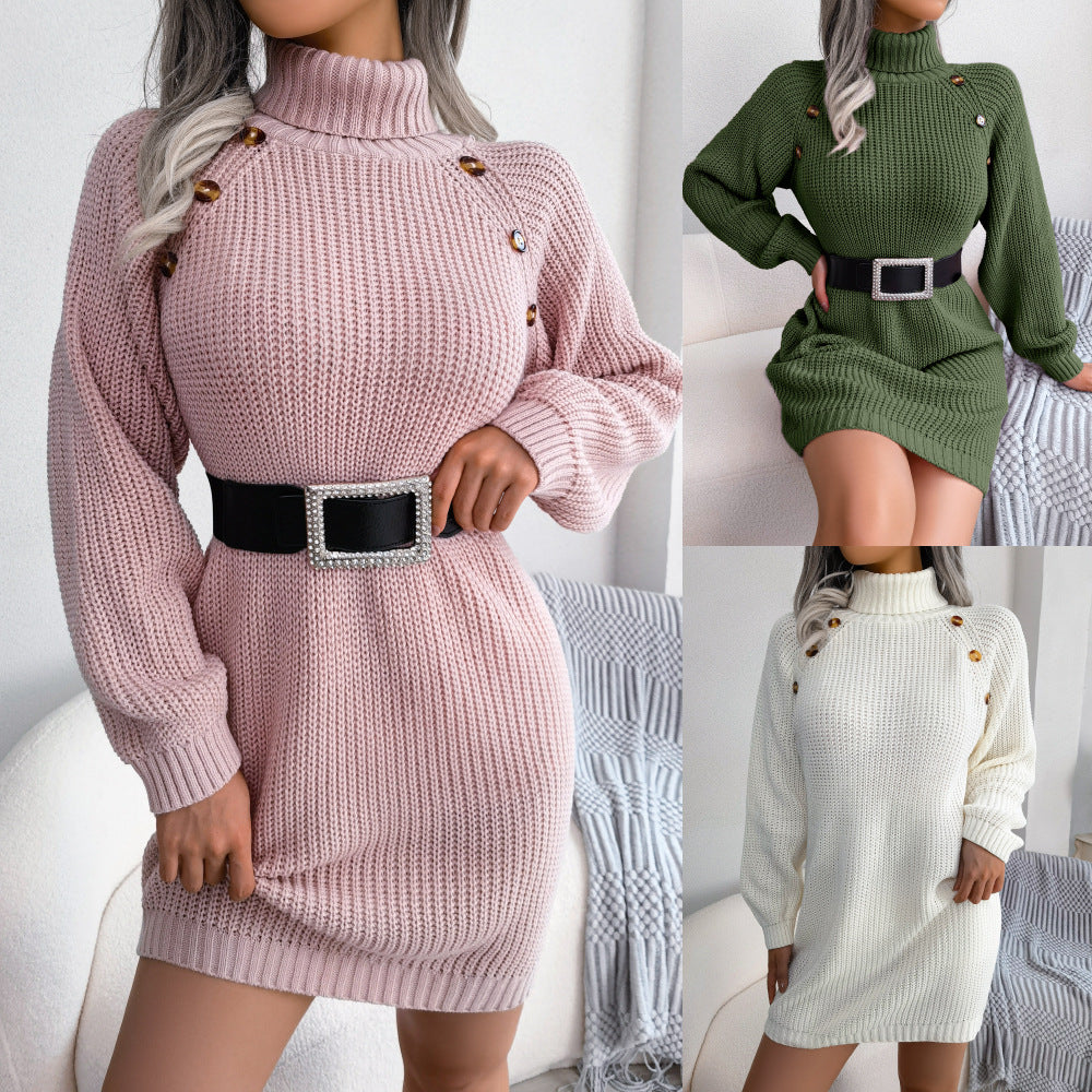 Winter Turtleneck Long Sweater Dress with Button Design Leisure Clinch