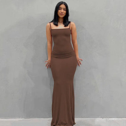 Satin Slip Backless Maxi Dress - Brown / Small