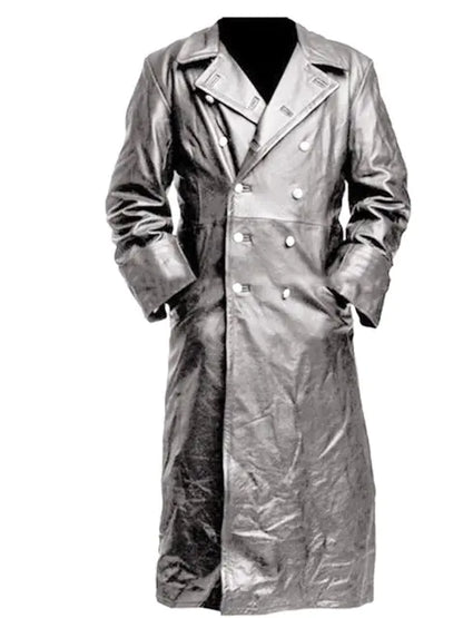 Black Leather Trench Coat - Silver / XXXL