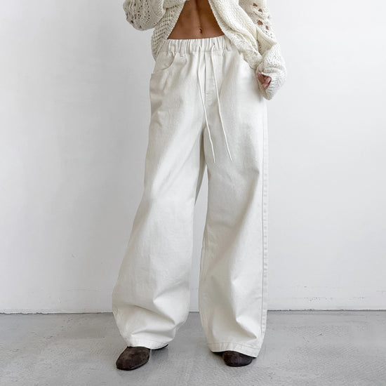 White Pure Cotton Tied Mid-waist Wide-leg Pants