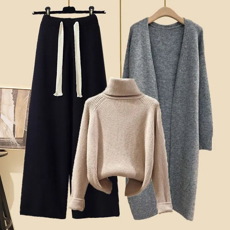 Idle Style Three-piece Set Thick Turtleneck Sweater Wide Leg Pants Wear Long Cardigan Jacket Slimming - shopluxelook.store