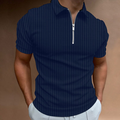 Men's T-shirt Striped Zipper Short Sleeve Solid Color