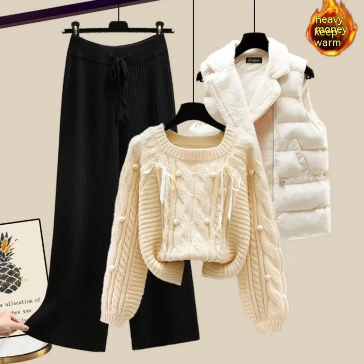 Three-piece Vest Thickened Sweater Wide-leg Pants Women&