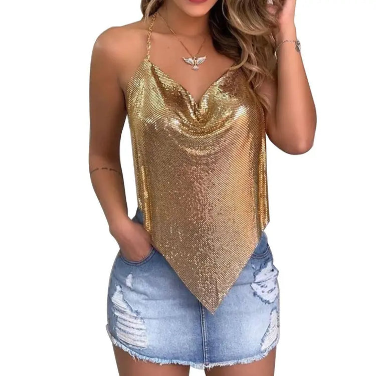 European And American Pure Color Sequins Backless Sleeveless Party Women&