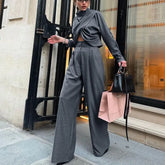 Small Turtleneck Cross Long Sleeves Top Casual Wide Leg Pants Two-piece Set - shopluxelook.store