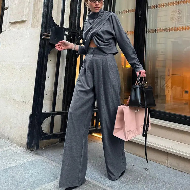 Small Turtleneck Cross Long Sleeves Top Casual Wide Leg Pants Two-piece Set - shopluxelook.store