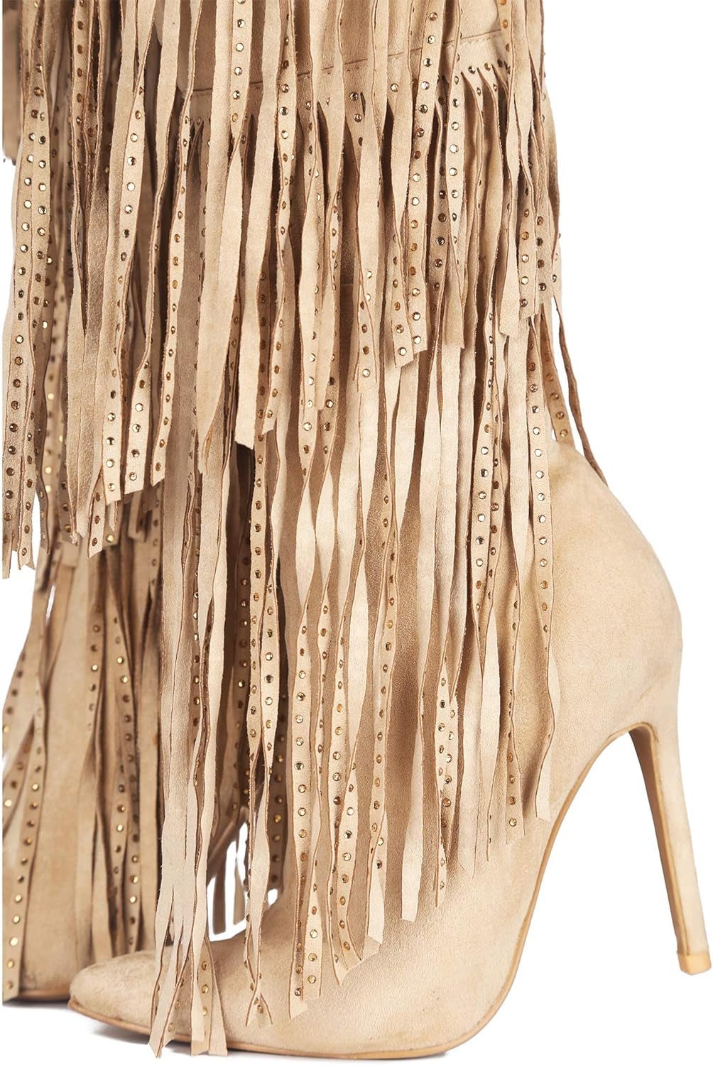 High Tide Over-the-Knee Cowboy Boots for Women - Stylish Fringe Design in Nude Size 7