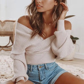 Autumn And Winter Off-the-shoulder Fitted Waist Long-sleeved Sweater Pullover shopluxelook.store