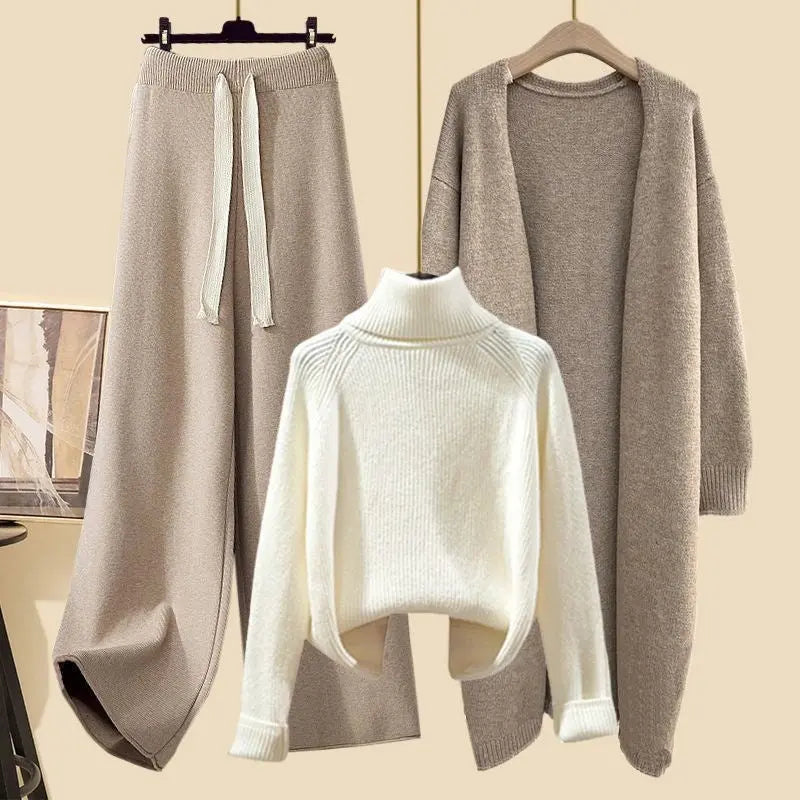 Idle Style Three-piece Set Thick Turtleneck Sweater Wide Leg Pants Wear Long Cardigan Jacket Slimming - shopluxelook.store