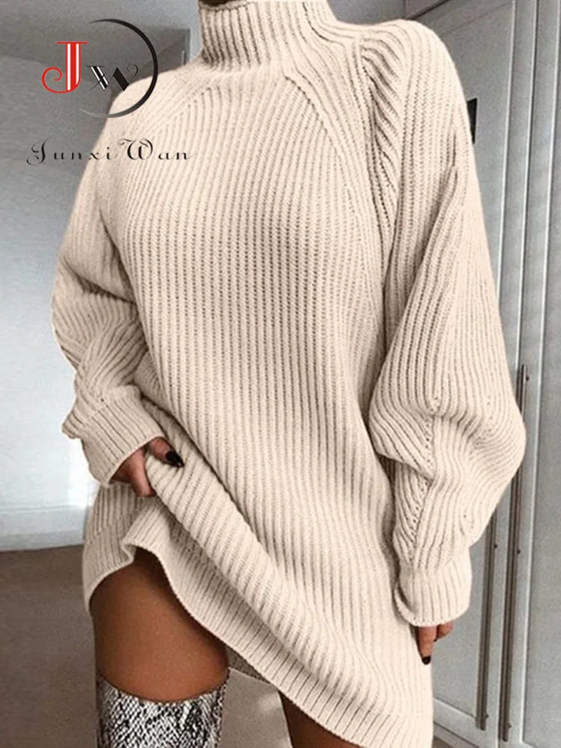 Women Turtleneck Oversized Knitted Dress Autumn Solid Long Sleeve Casu