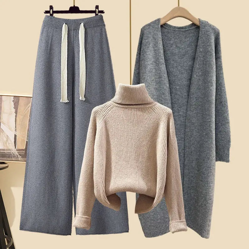 Idle Style Three-piece Set Thick Turtleneck Sweater Wide Leg Pants Wear Long Cardigan Jacket Slimming - shopluxelook.store