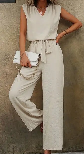 Women Solid Color Sleeveless Top With Notch Neckline And Belted Long Pants Set - shopluxelook.store