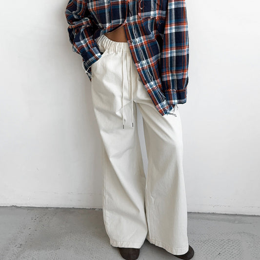 White Pure Cotton Tied Mid-waist Wide-leg Pants