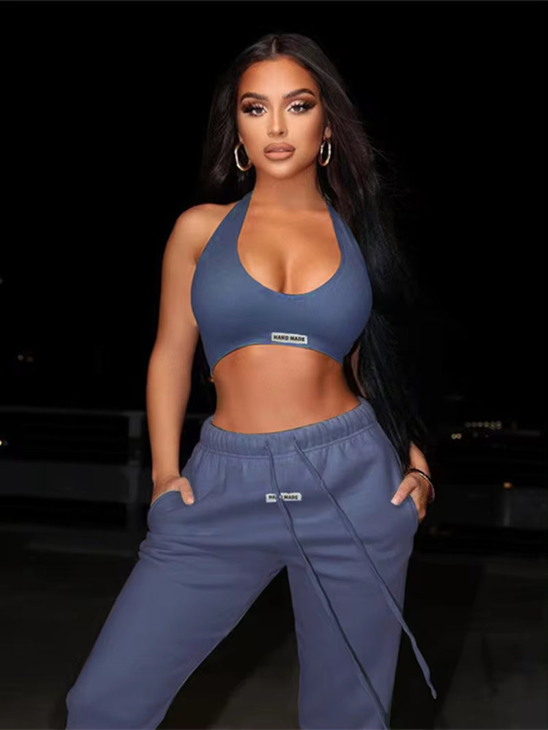 Sporty Two Piece Set Girl Halter Crop Tops+Drawstring Sweatpants Slim 