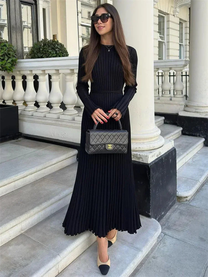 Lace-Up Female Knit Maxi Dress Autumn High Waist Fashion Patchwork Lon