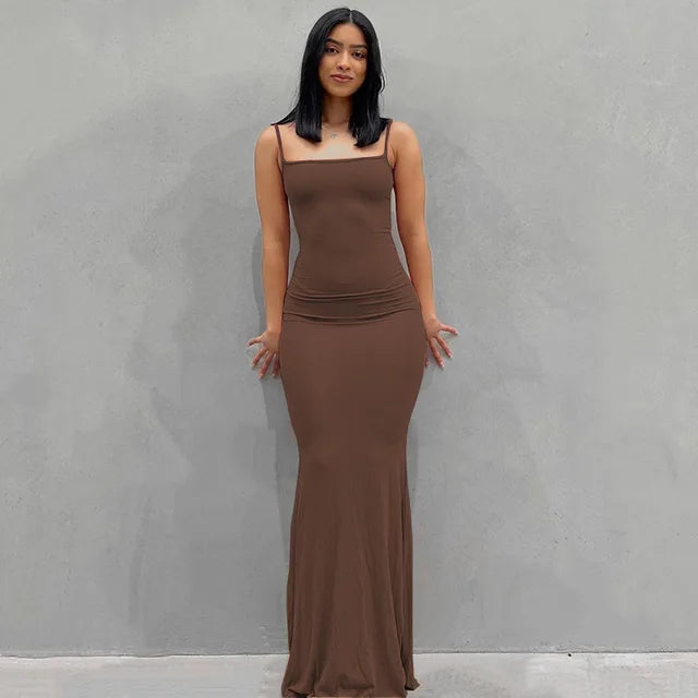 Satin Slip Backless Maxi Dress - Brown / Medium