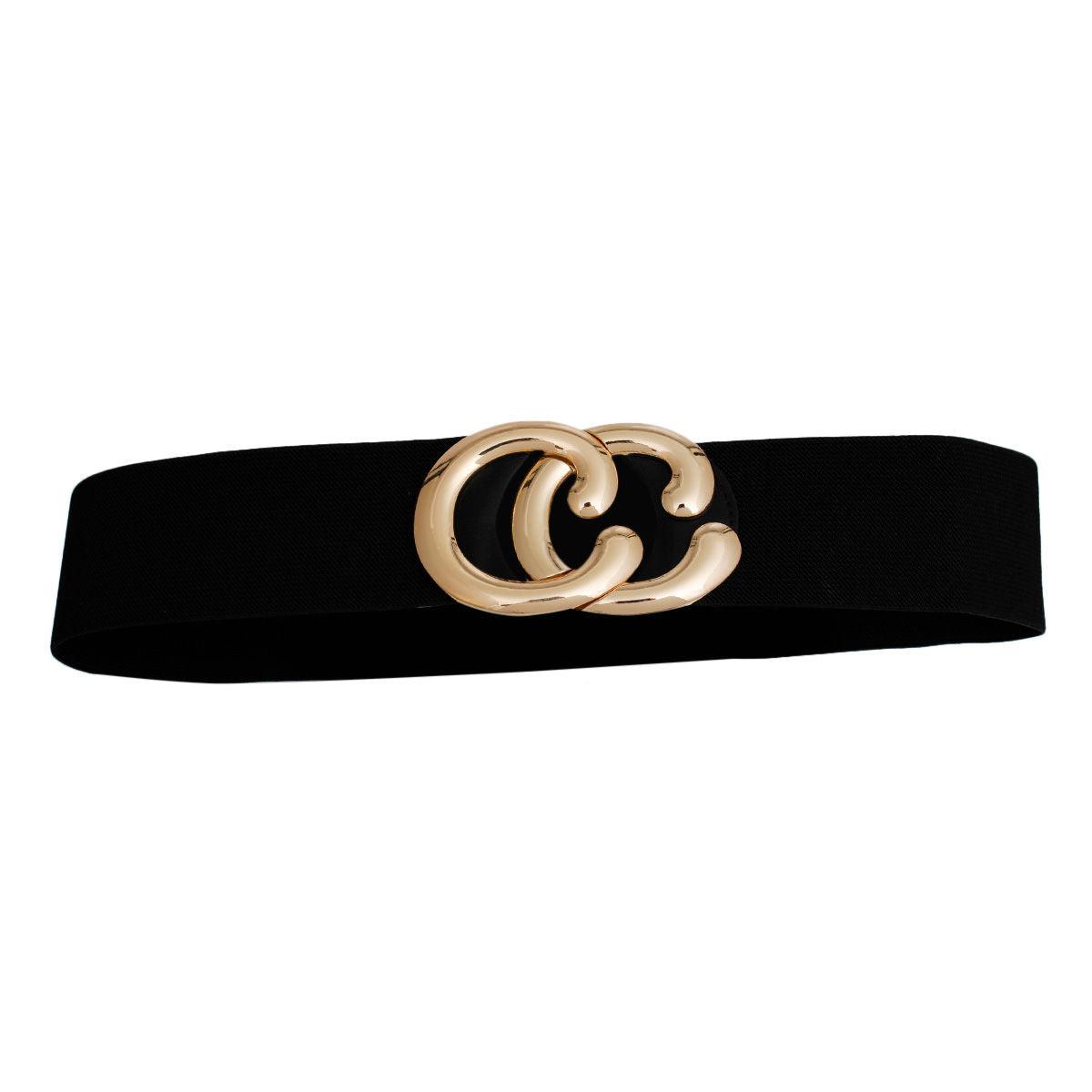 Belt Black Wide Gold C Buckle Stretch Belt Women-shopluxelook.store