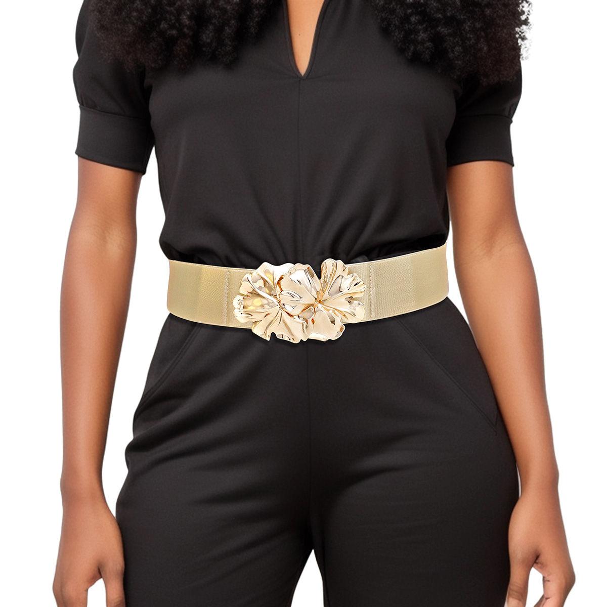 Belt Gold Wide Flower Buckle Stretch Belt Women-shopluxelook.store