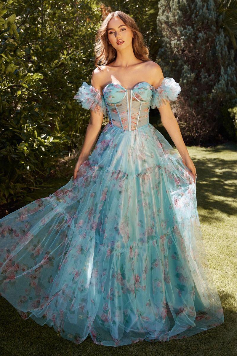 blue floral ball gown-Blue Floral Printed Ball Gown-shopluxelook.store