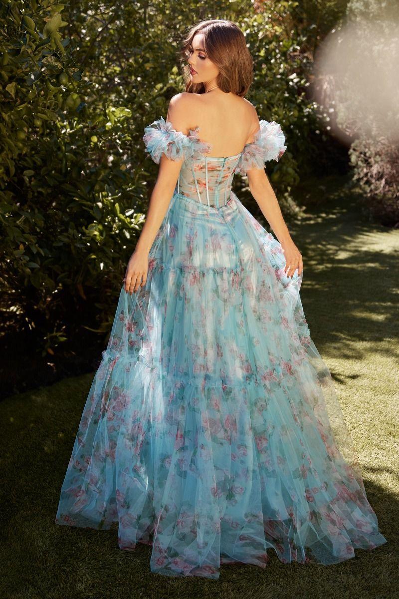 Blue Floral Printed Ball Gown-shopluxelook.store