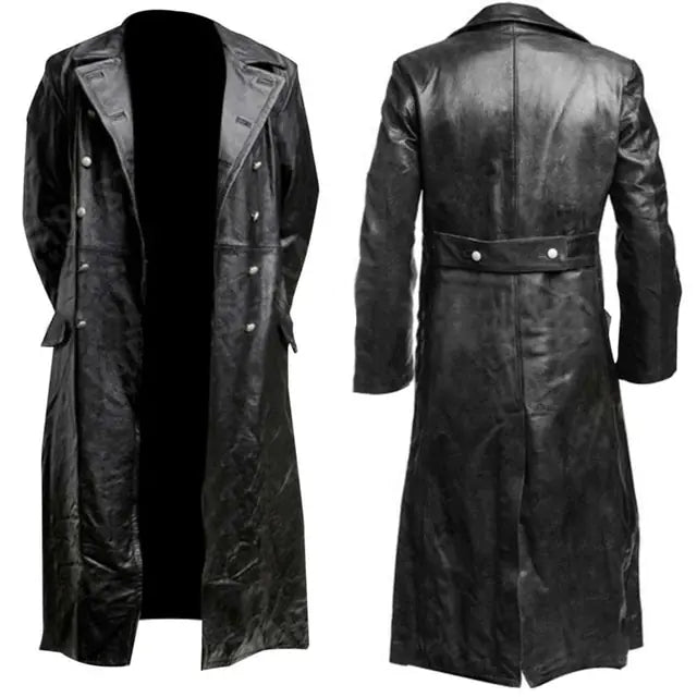 Black Leather Trench Coat - Black / L