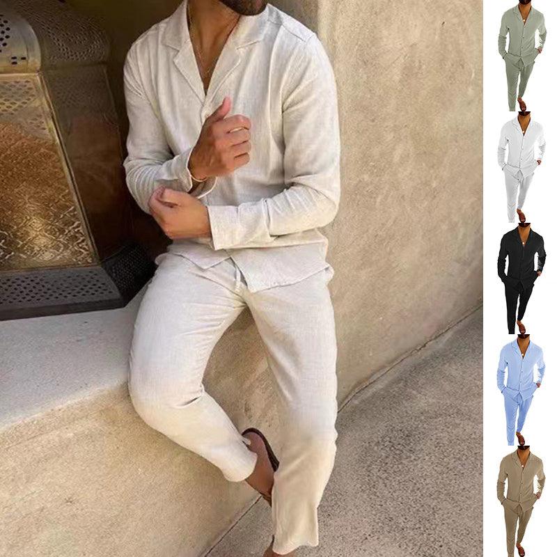 casual long sleeved suits-Casual Long-sleeved Suits Fashion Lapel Single-breasted Shirt Top And Slim-fit Trousers Men Clothing-shopluxelook.store