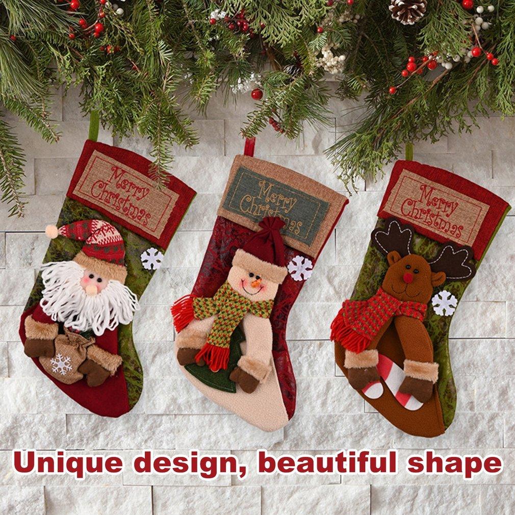 Christmas stocking socks-Christmas Stocking Socks Snowman Santa Elk Xmas Fireplace Xmas Tree Ornaments New Year Candy Bag Gift Christmas Decor-shopluxelook.store