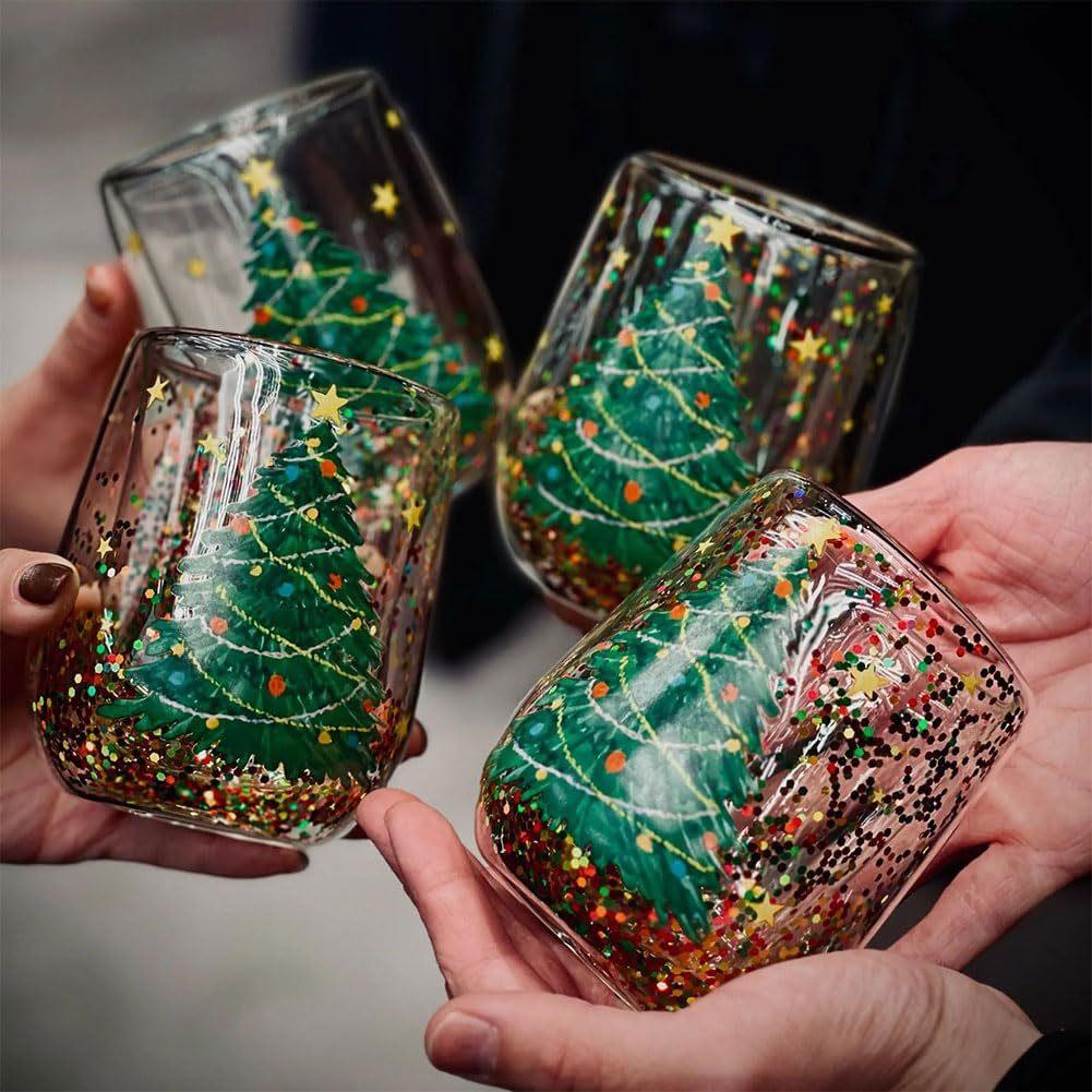 Christmas tree cups-Christmas Tree Cups Heat Resistant Double Layer Flowing Sequins Christmas Cup Household Handwork Cartoon Christmas Trees Tumbler Kitchen Gadgets-shopluxelook.store