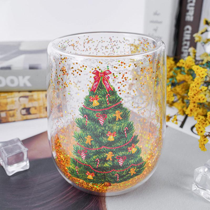 Christmas Tree Cups Heat Resistant Double Layer Flowing Sequins Christmas Cup Household Handwork Cartoon Christmas Trees Tumbler Kitchen Gadgets-shopluxelook.store