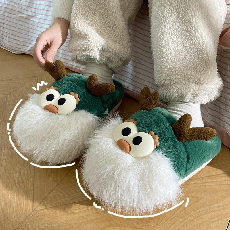 Christmas deer slippers-Cute Cartoon Christmas Deer Cotton Shoes Winter Indoor Floor Home Slippers Half-covered Heel Warm Plush Shoes Women-shopluxelook.store