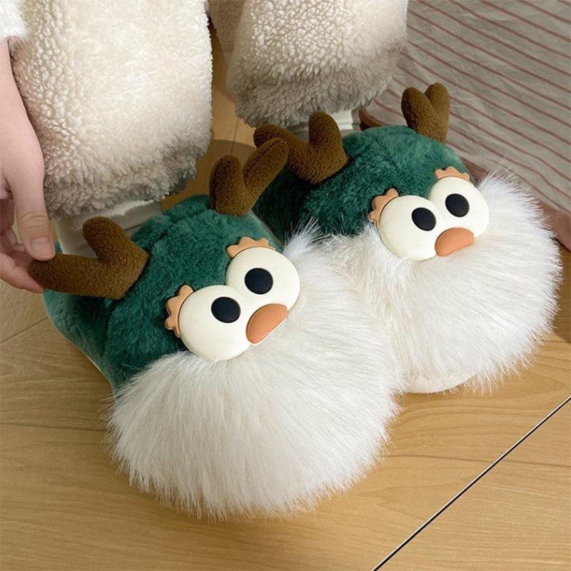 Cute Cartoon Christmas Deer Cotton Shoes Winter Indoor Floor Home Slippers Half-covered Heel Warm Plush Shoes Women-shopluxelook.store