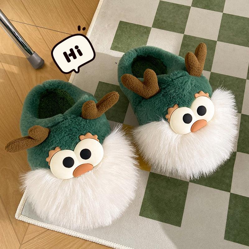 Christmas deer slippers-Cute Cartoon Christmas Deer Cotton Shoes Winter Indoor Floor Home Slippers Half-covered Heel Warm Plush Shoes Women-shopluxelook.store