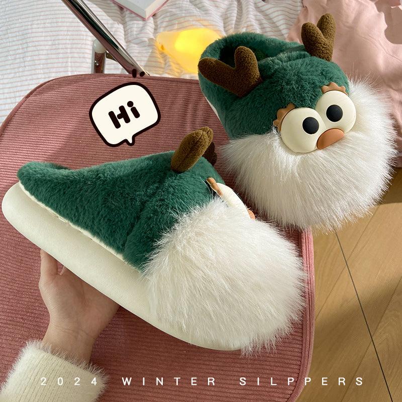 Cute Cartoon Christmas Deer Cotton Shoes Winter Indoor Floor Home Slippers Half-covered Heel Warm Plush Shoes Women-shopluxelook.store