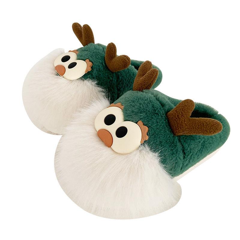 Christmas deer slippers-Cute Cartoon Christmas Deer Cotton Shoes Winter Indoor Floor Home Slippers Half-covered Heel Warm Plush Shoes Women-shopluxelook.store