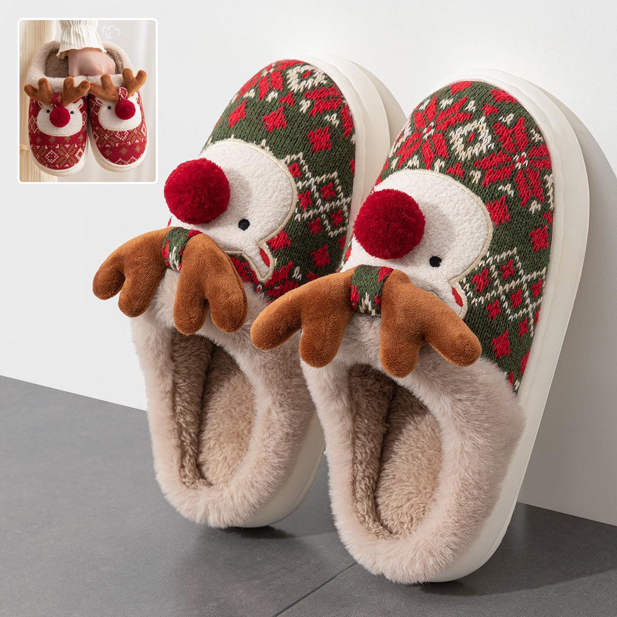 Christmas elk plush slippers-Cute Christmas Elk Plush Slippers Winter Ins Fashion Non-slip Floor Bedroom Home Slippers For Women Fuzzy House Shoes-shopluxelook.store