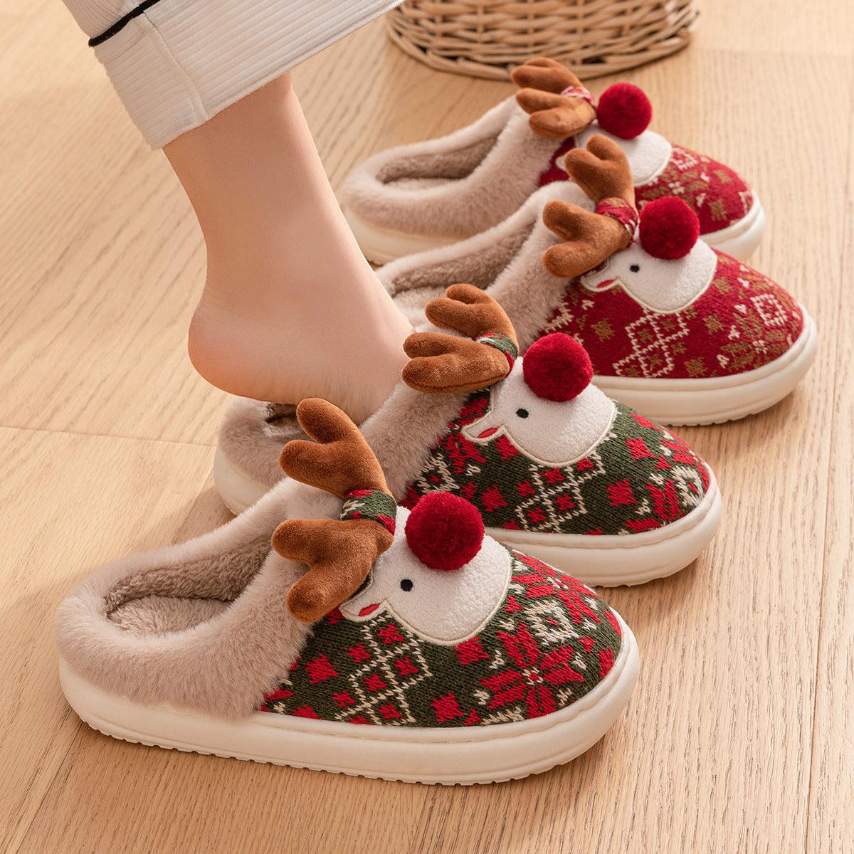 Christmas elk plush slippers-Cute Christmas Elk Plush Slippers Winter Ins Fashion Non-slip Floor Bedroom Home Slippers For Women Fuzzy House Shoes-shopluxelook.store