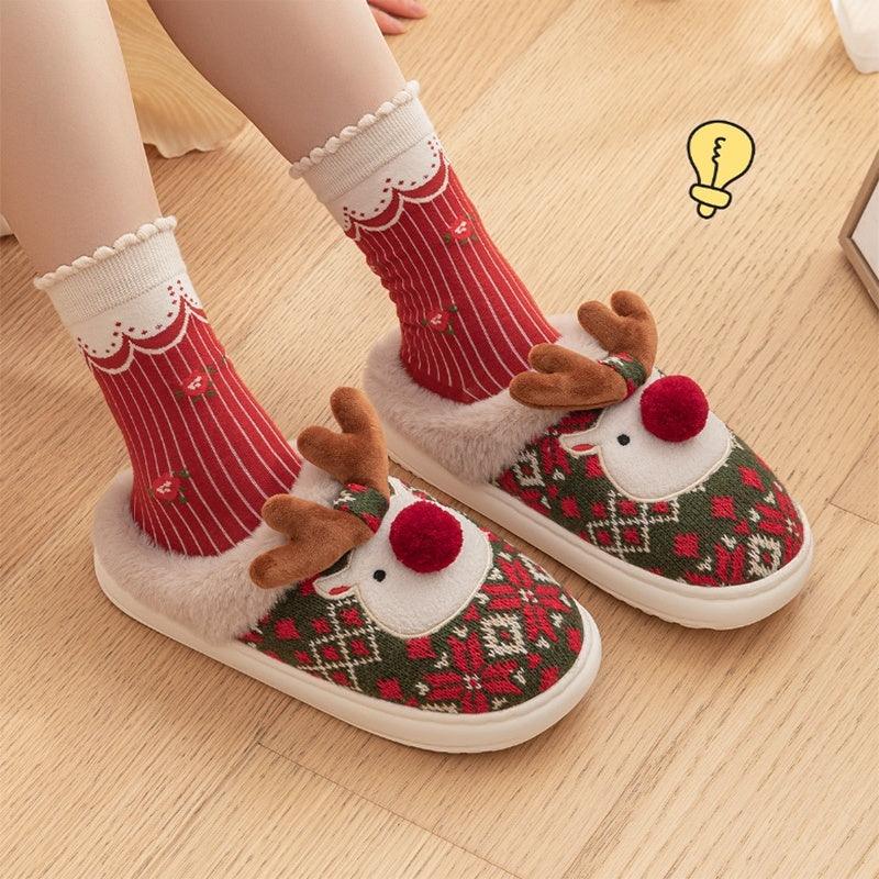 Cute Christmas Elk Plush Slippers Winter Ins Fashion Non-slip Floor Bedroom Home Slippers For Women Fuzzy House Shoes-shopluxelook.store