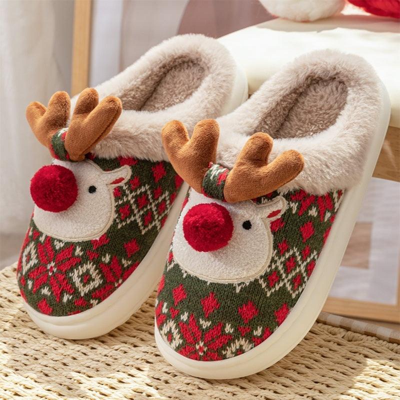 Christmas elk plush slippers-Cute Christmas Elk Plush Slippers Winter Ins Fashion Non-slip Floor Bedroom Home Slippers For Women Fuzzy House Shoes-shopluxelook.store