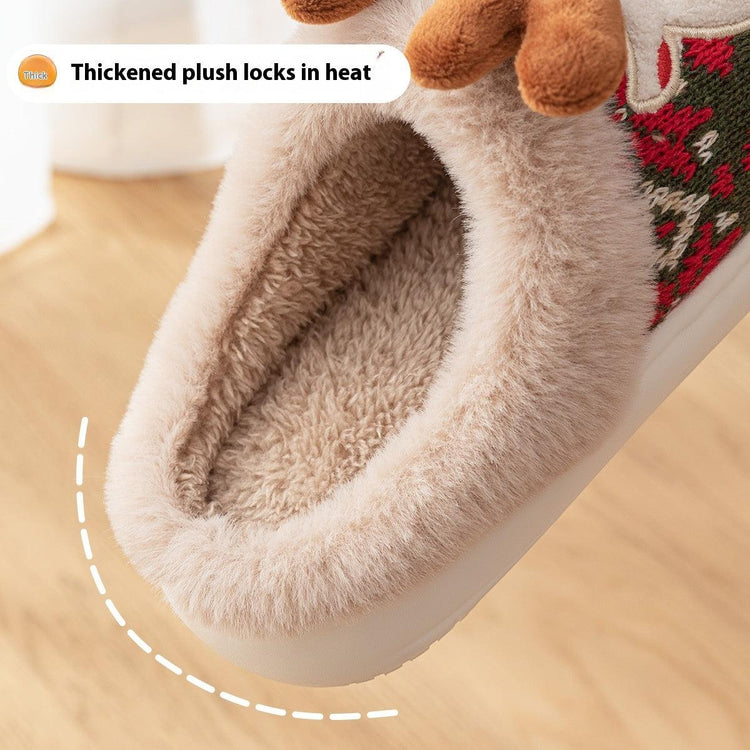 Cute Christmas Elk Plush Slippers Winter Ins Fashion Non-slip Floor Bedroom Home Slippers For Women Fuzzy House Shoes-shopluxelook.store