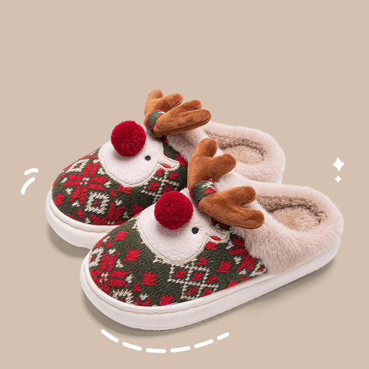 Cute Christmas Elk Plush Slippers Winter Ins Fashion Non-slip Floor Bedroom Home Slippers For Women Fuzzy House Shoes-shopluxelook.store