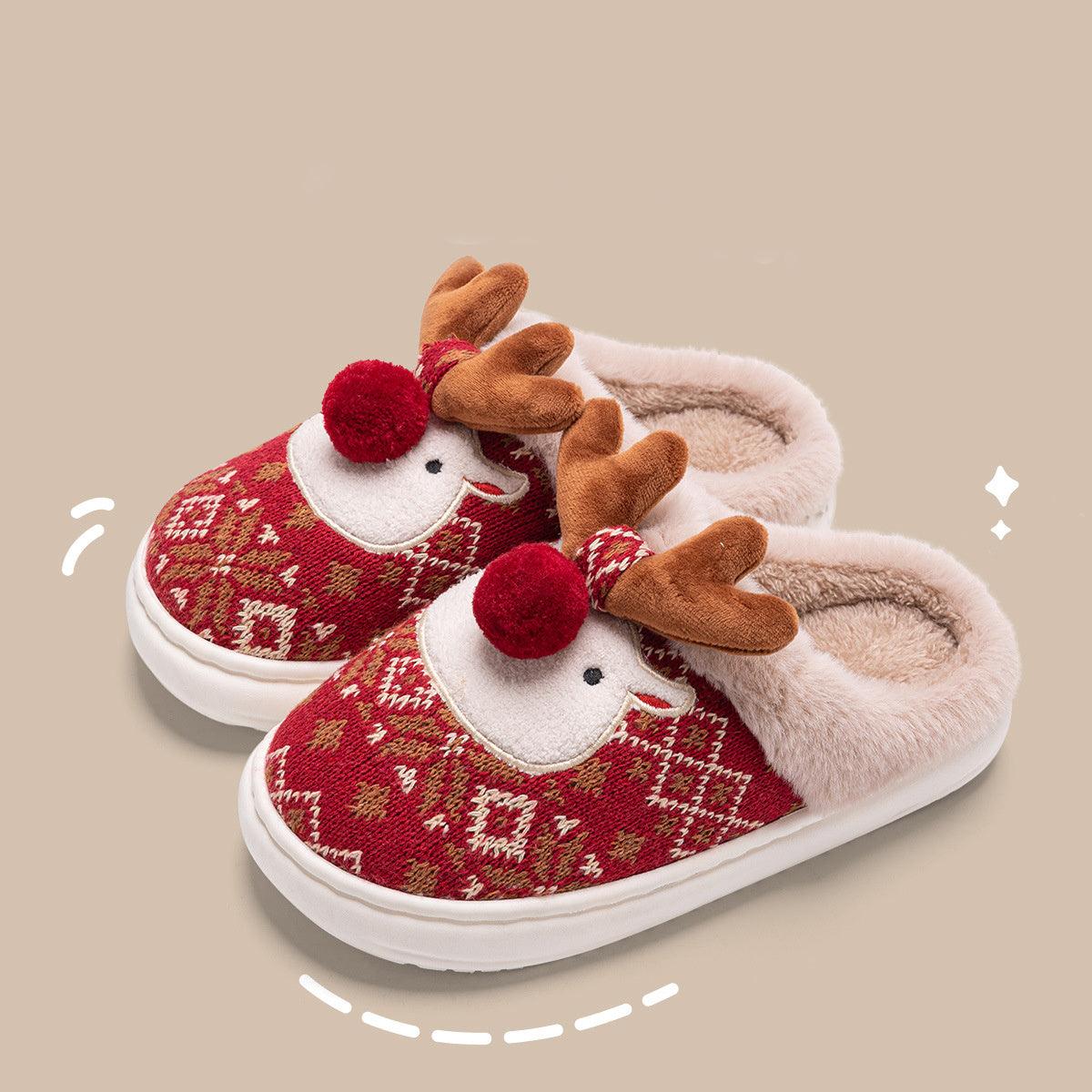 Christmas elk plush slippers-Cute Christmas Elk Plush Slippers Winter Ins Fashion Non-slip Floor Bedroom Home Slippers For Women Fuzzy House Shoes-shopluxelook.store