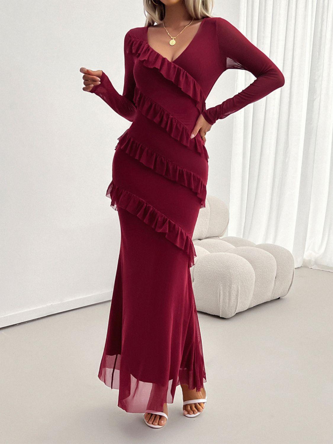 ruffled maxi dress-Devine Ruffled Surplice Long Sleeve Maxi Dress-shopluxelook.store