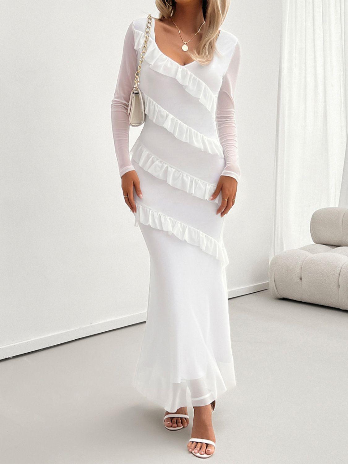 ruffled maxi dress-Devine Ruffled Surplice Long Sleeve Maxi Dress-shopluxelook.store