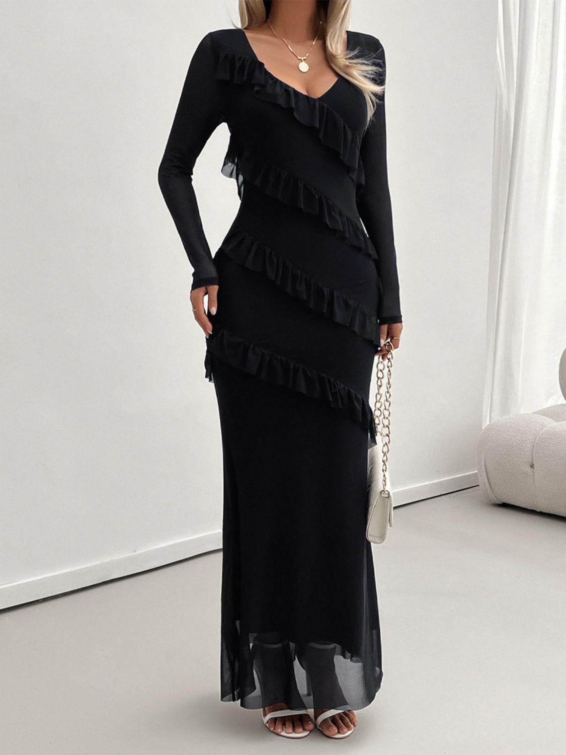 ruffled maxi dress-Devine Ruffled Surplice Long Sleeve Maxi Dress-shopluxelook.store