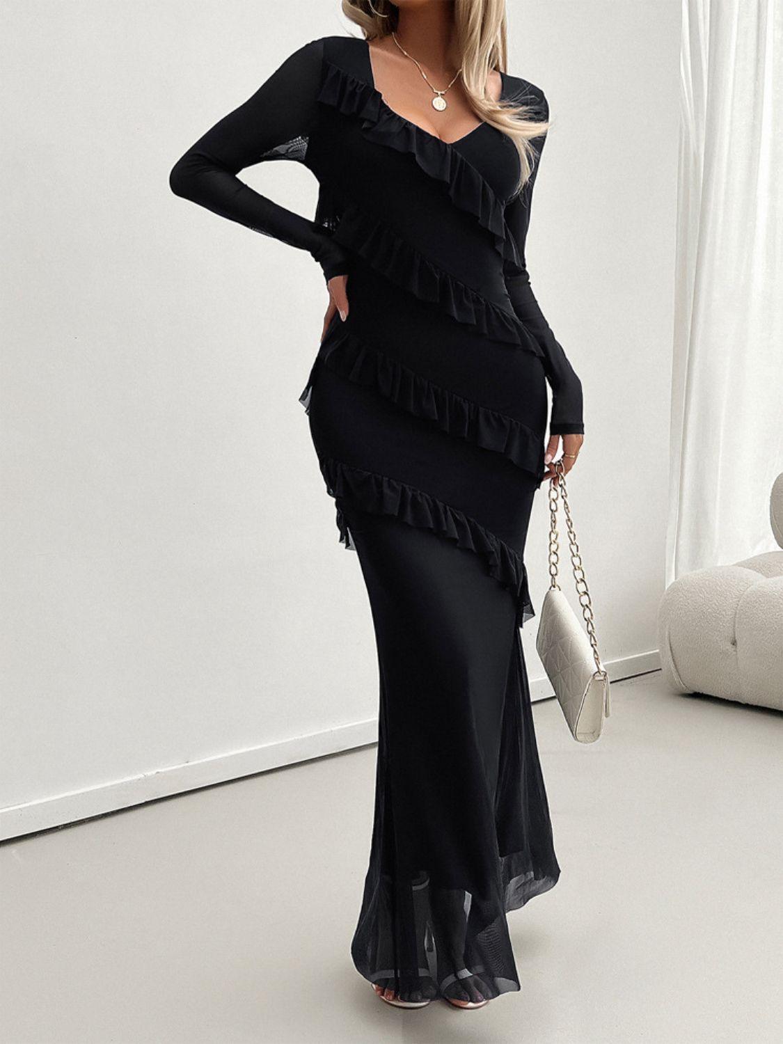 ruffled maxi dress-Devine Ruffled Surplice Long Sleeve Maxi Dress-shopluxelook.store